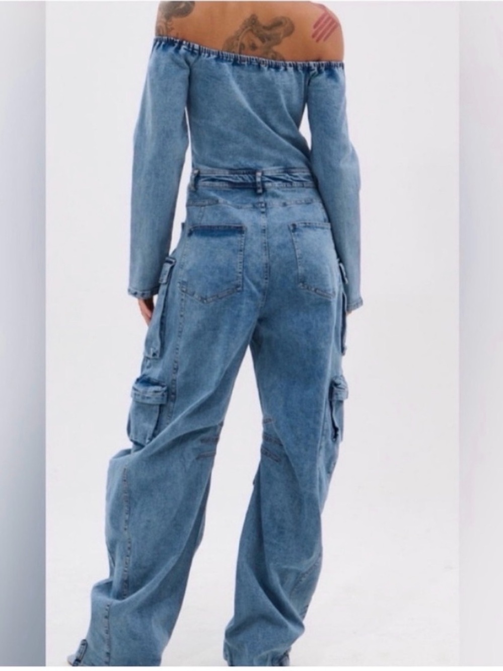 AKIRA Off-Shoulder Denim Cargo Jumpsuit in Medium Blue - Picture 6 of 8
